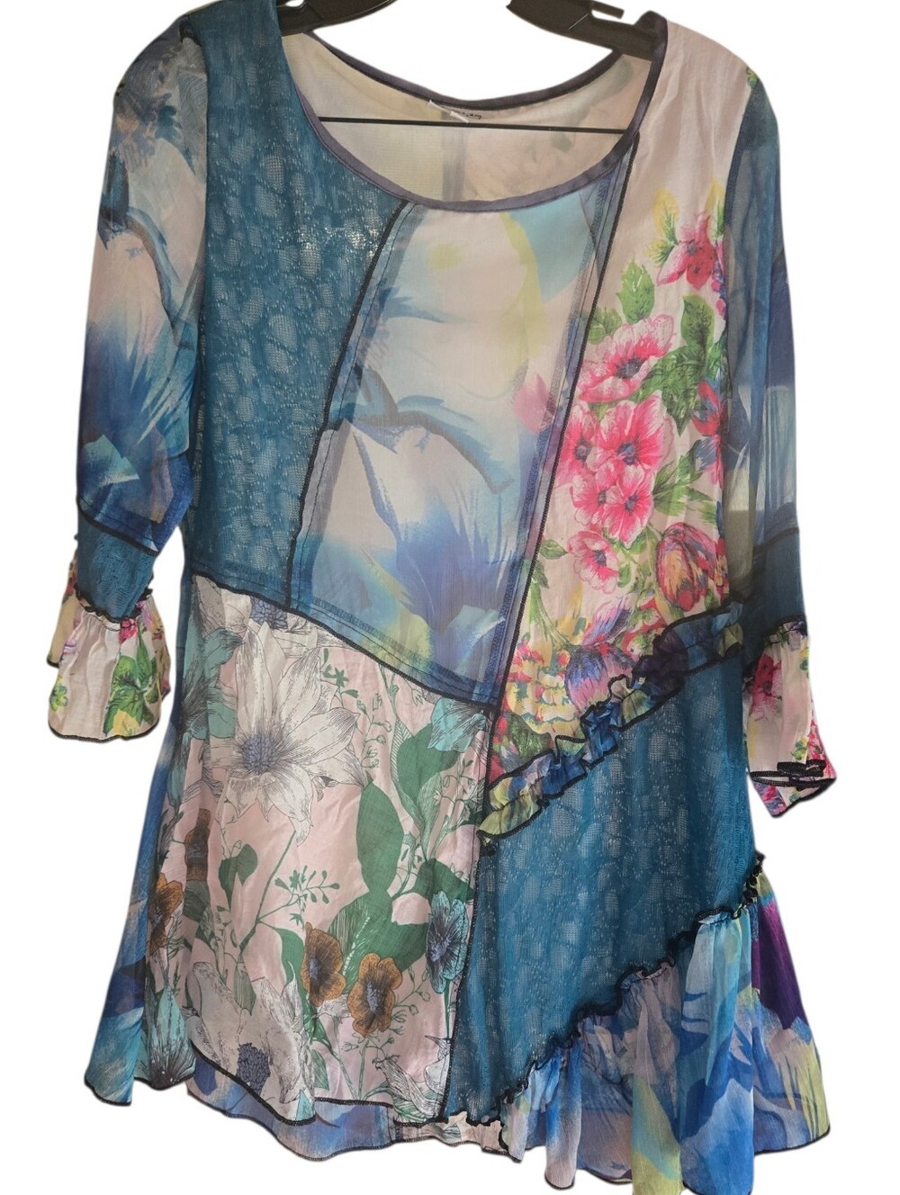 Paris Hues, Aris Floral Patchwork Sheer Tunic - Teal, Pink, Blue